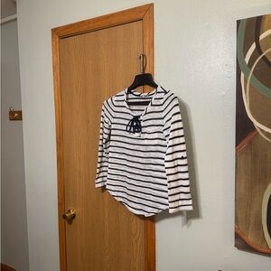 Pleione Small Blue & White w/Stripes Long Sleeve Knit Top - EUC